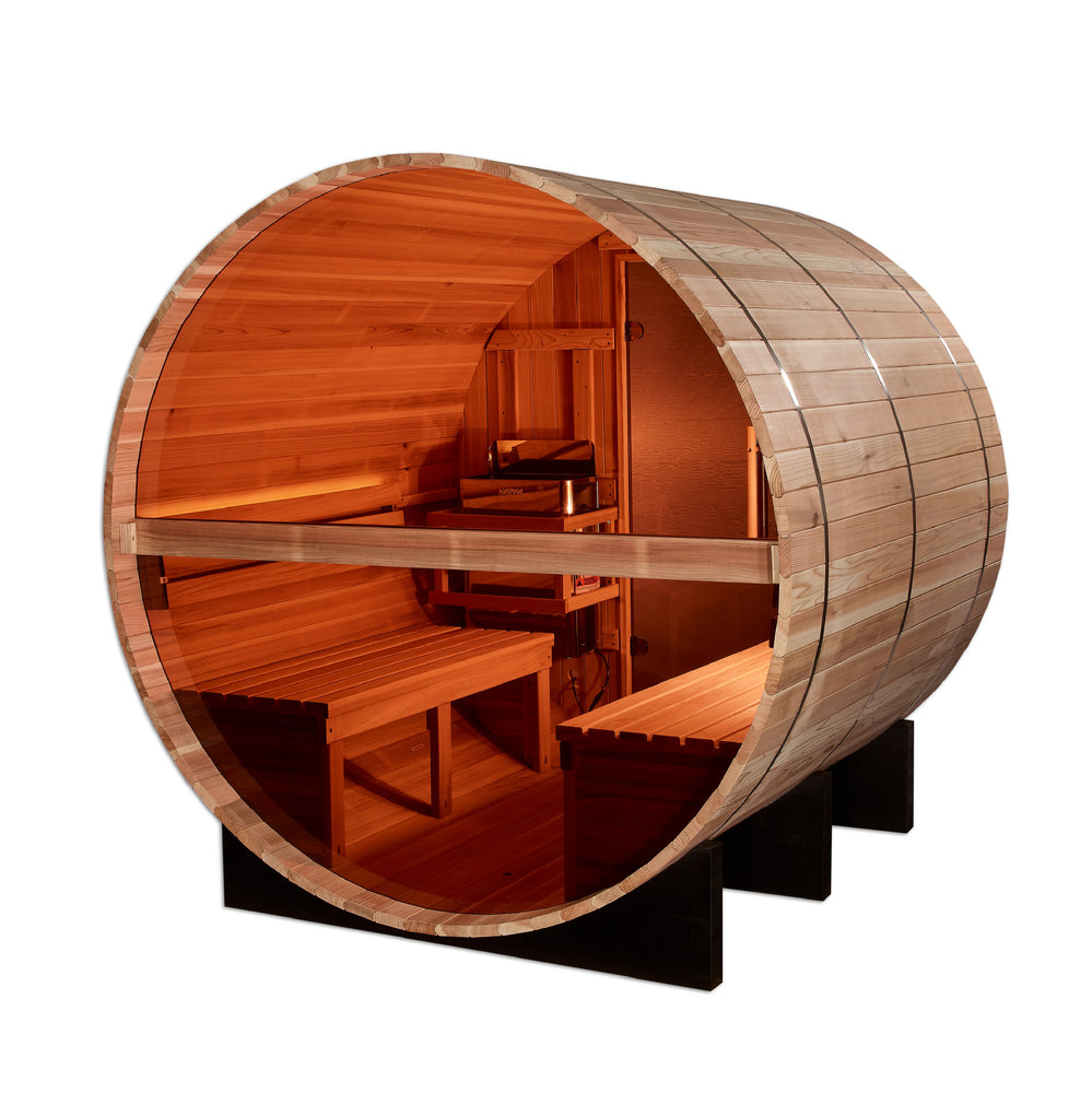Golden Designs "Zurich" 4 Person Barrel with Bronze Privacy View - Traditional Sauna -  Pacific Cedar