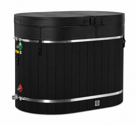 ***New 2026 Model*** DCT Oval Barrel Tub Cold Plunge (50-P) Pacific Cedar - 3/4 IN-OUT without Motor - Black Exterior