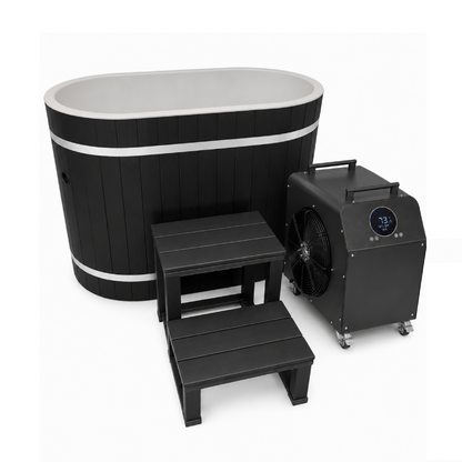 ***New 2026 Model*** DCT Oval Barrel Tub Cold Plunge (50-P) Pacific Cedar - 3/4 IN-OUT without Motor - Black Exterior