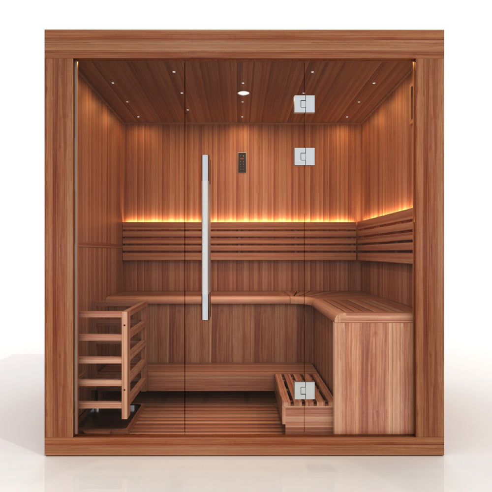 Golden Designs 2025 Updated "Copenhagen Edition" 3 Person Traditional Sauna - Canadian Red Cedar Interior and Pacific Premium Clear Cedar Exterior