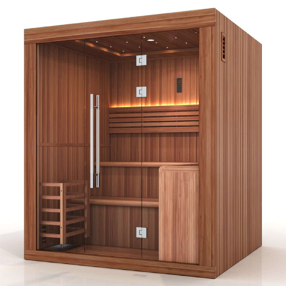 Golden Designs 2025 Updated "Osla Edition" 6 Person Traditional Sauna - Canadian Red Cedar Interior and Pacific Premium Clear Cedar Exterior