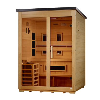 ***New 2026 Model*** Golden Designs "Carinthia" 3 Person Hybrid (PureTech™ Full Spectrum IR or Traditional Stove) Flat Roof Outdoor Sauna (GDI-8023-01)