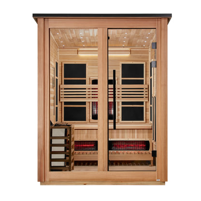 ***New 2026 Model*** Golden Designs "Loviisa" 3 Person, Pacific Cedar Barn Hybrid (PureTech™ Full Spectrum IR or Traditional Stove) Outdoor Sauna (GDI-8523-02)