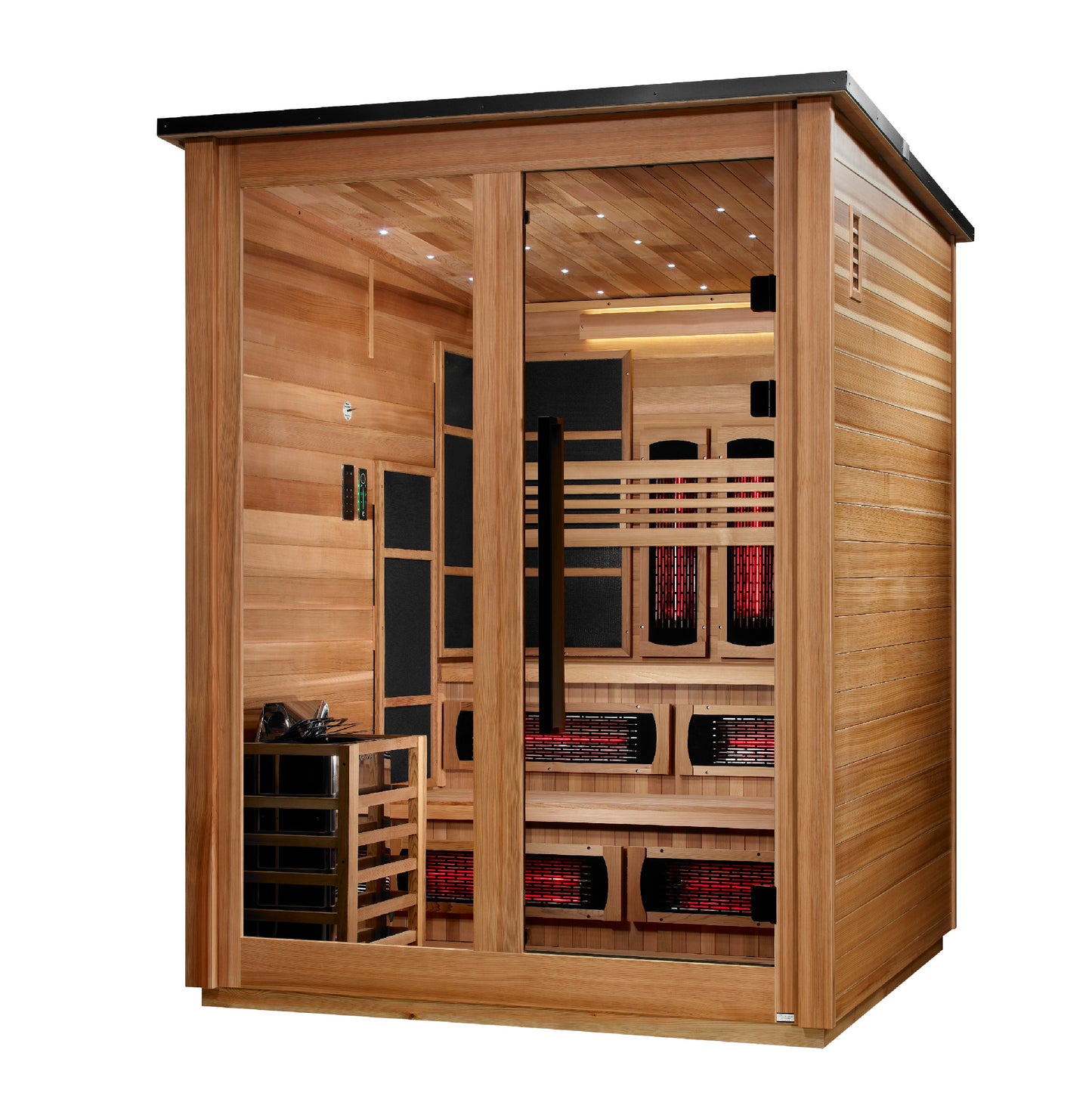 ***New 2026 Model*** Golden Designs "Kaskinen" 6 Person, Pacific Cedar Barn Hybrid (PureTech™ Full Spectrum IR or Traditional Stove) Outdoor Sauna (GDI-8526-02)