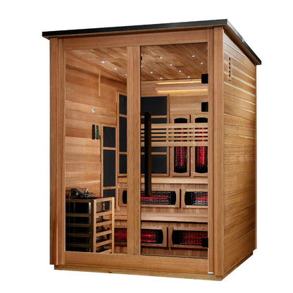 ***New 2026 Model*** Golden Designs "Kaskinen" 6 Person, Pacific Cedar Barn Hybrid (PureTech™ Full Spectrum IR or Traditional Stove) Outdoor Sauna (GDI-8526-02)
