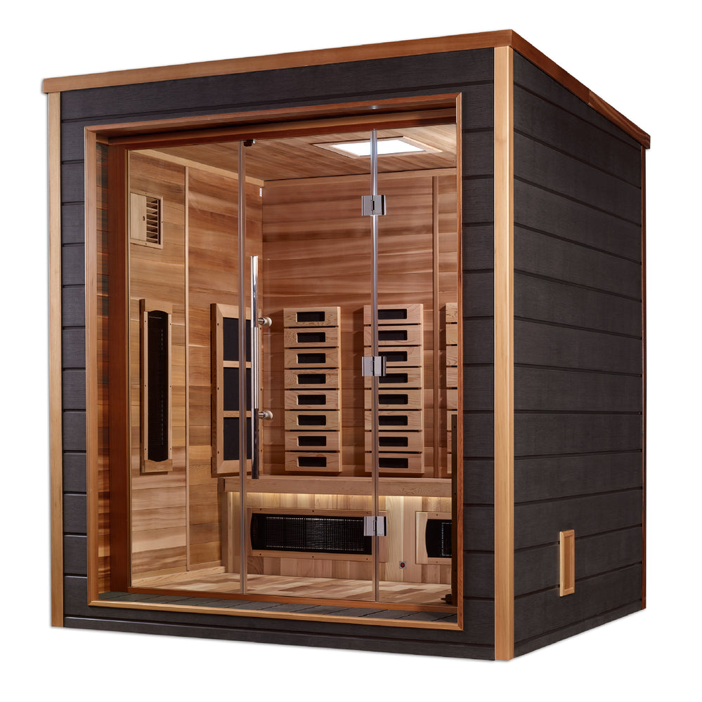 
            
                Load image into Gallery viewer, Golden Designs Visby 3 Person Outdoor-Indoor PureTech™ Hybrid Full Spectrum Sauna (GDI-8223-01) - Canadian Red Cedar Interior
            
        
