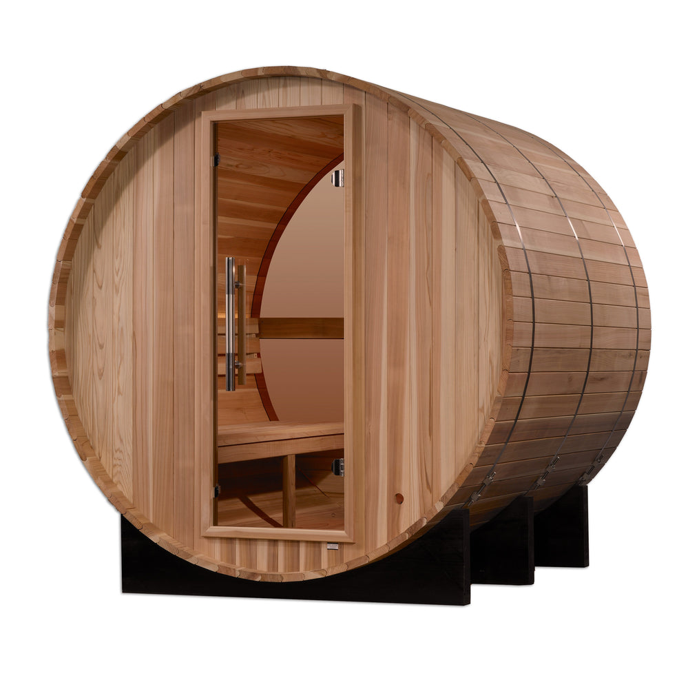 
            
                Load image into Gallery viewer, Golden Designs &amp;quot;Zurich&amp;quot; 4 Person Barrel with Bronze Privacy View - Traditional Sauna -  Pacific Cedar
            
        
