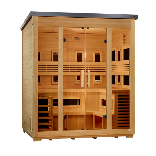 ***New 2026 Model*** Golden Designs "Gargellen" 5 Person Hybrid (PureTech™ Full Spectrum IR or Traditional Stove) Flat Roof Outdoor Sauna (GDI-8025-01)